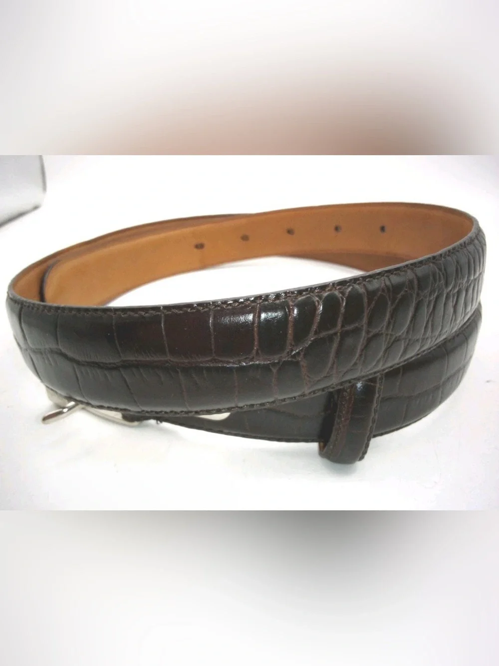 Vintage Ralph Lauren RL Dark Brown Crocodile Embossed Leather Skinny Belt